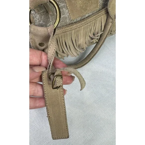 Ed Hardy Fringe Studded Purse Suede Leather Canvas Embroidered Boho Western - Picture 11 of 16